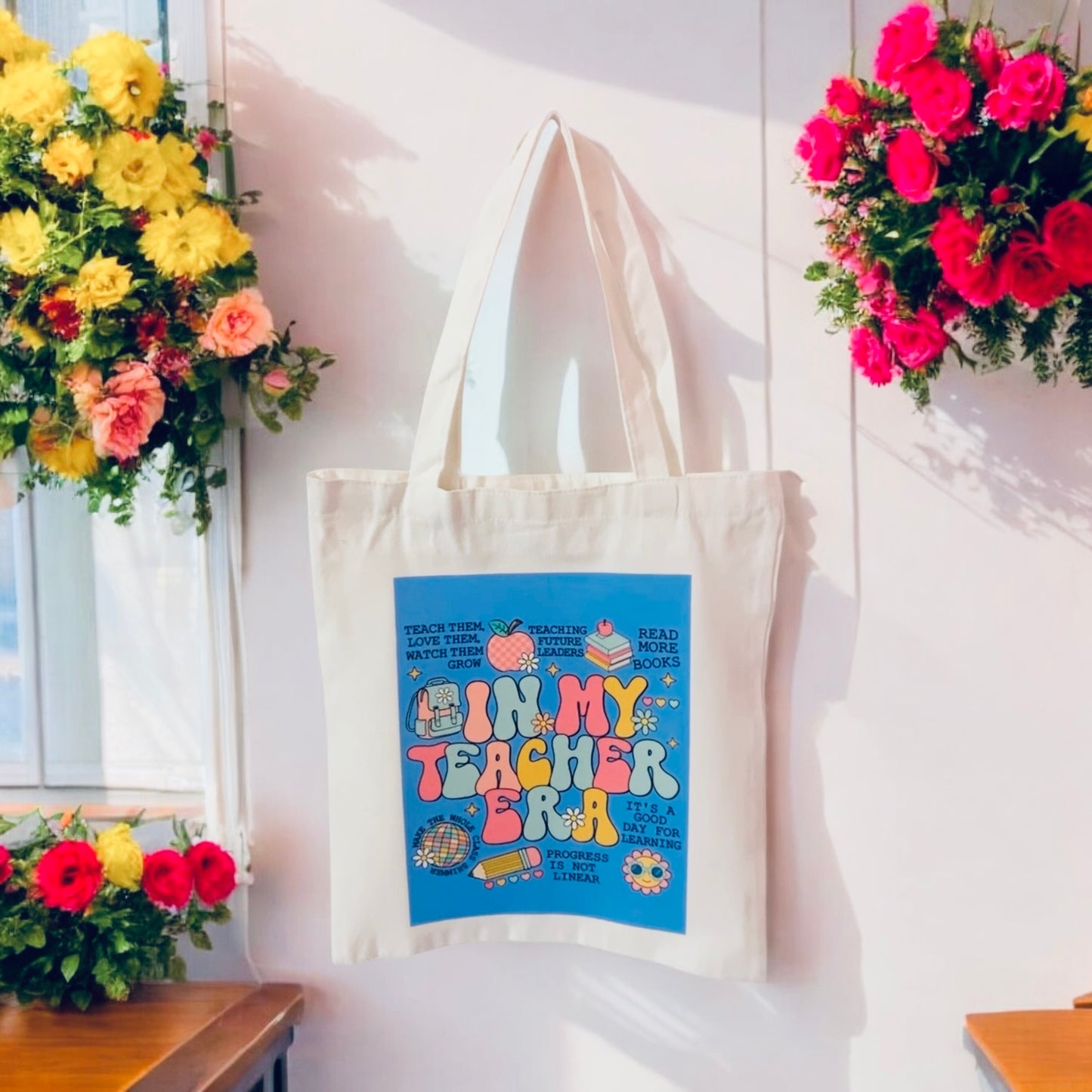 In my teacher era Tote Bag, colourful tote, reusable bag, grocery bag, canvas bag, blue