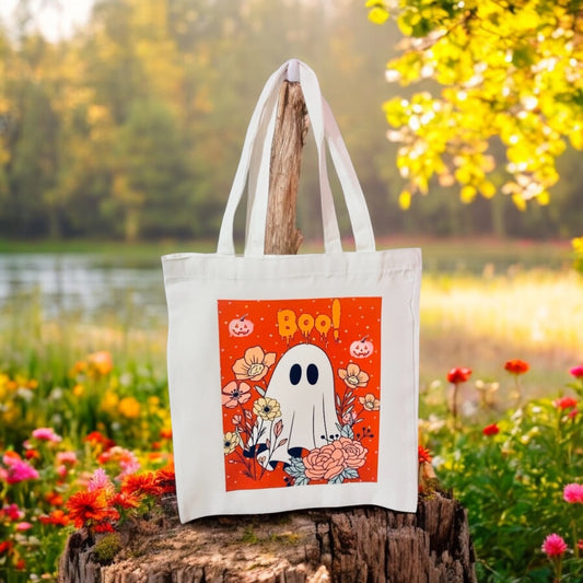 Cute ghost Tote Bag, retro colourful tote, reusable bag, grocery bag, canvas bag, spooky, Halloween, floral tote bag, boo