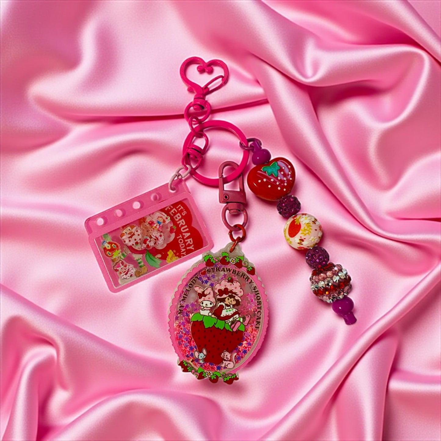 Strawberry Character & friends, strawberry character, Cherry character, Beaded charm key chain, bag charm, friends, Reading, junk journaling, keychain, bookmark, 80s, 90s, vintage era, nostalgia, Besties, best friend, purple, doorables