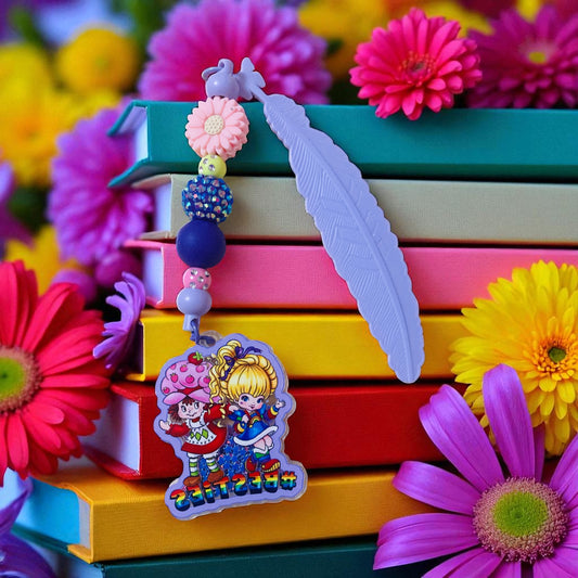 Strawberry Shortcake & Rainbow Brite Beaded charm Bookmark & friends, Reading, junk journaling bookmark, 80s, 90s, vintage era, nostalgia, Besties, best friend, purple