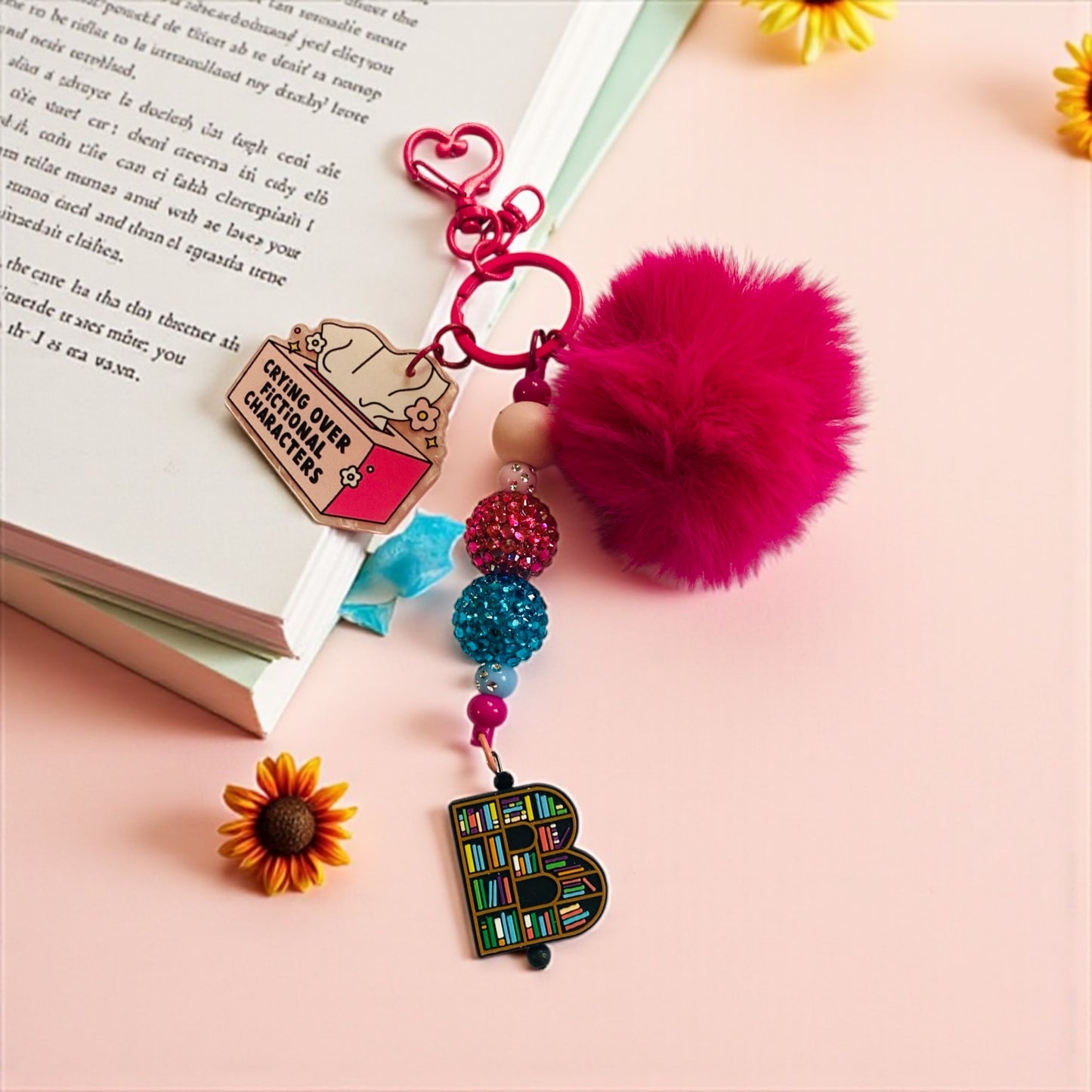 Bookish key chain charm, bag charm, Book shelf, Books, Book Lovers, Beaded keychain, Pom Pom keychain, Pink, Rainbow