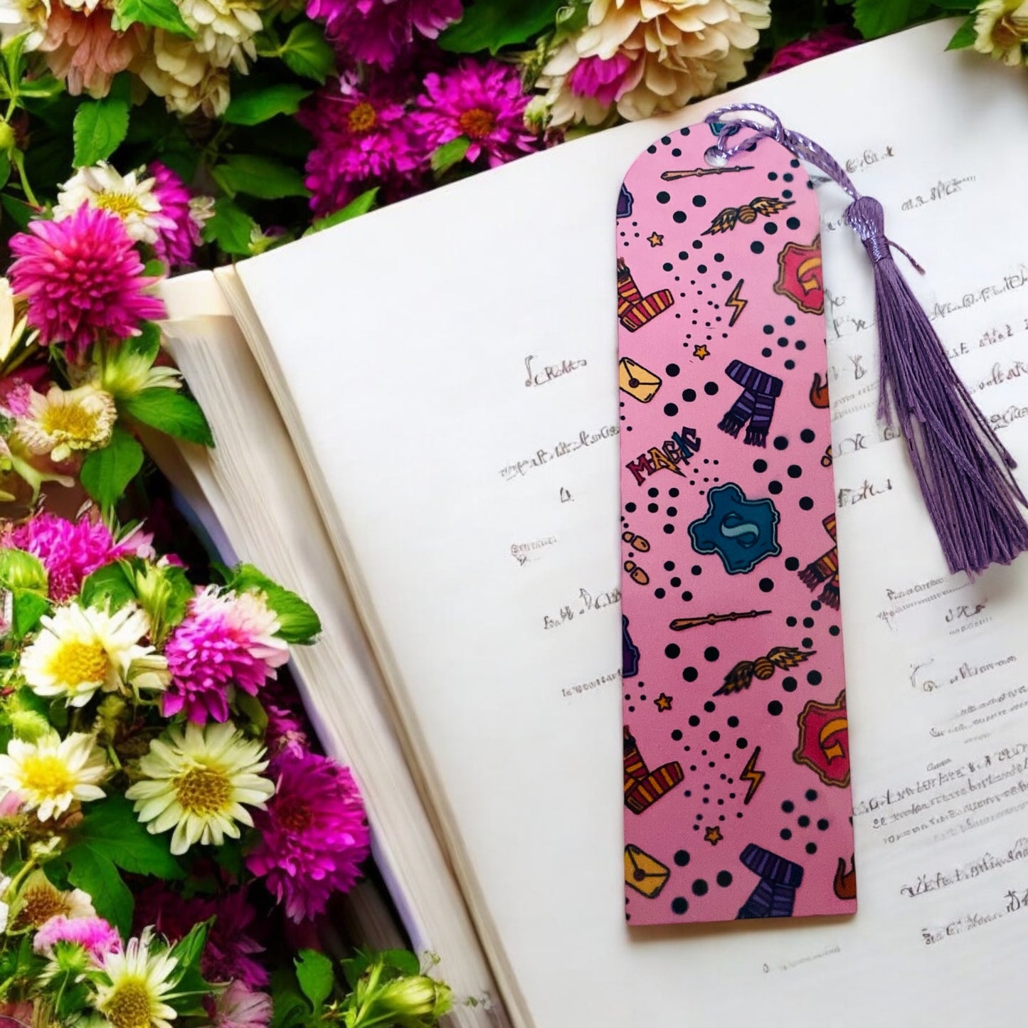 Potterhead Bookmark, Magical, Wizards, Fantasy, witches, Pink bookmark, Purple Tassels