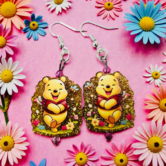 Winnie Bear Floral Earrings, Pooh Bear Earrings