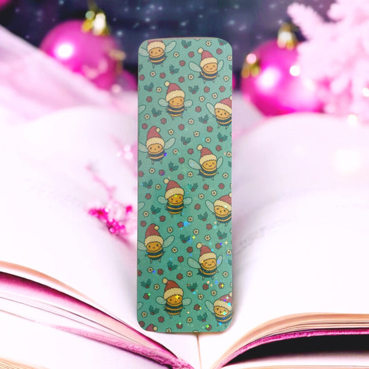 Holographic cute Bumble Bee Santa Claus, Christmas bookmark, mystletoe