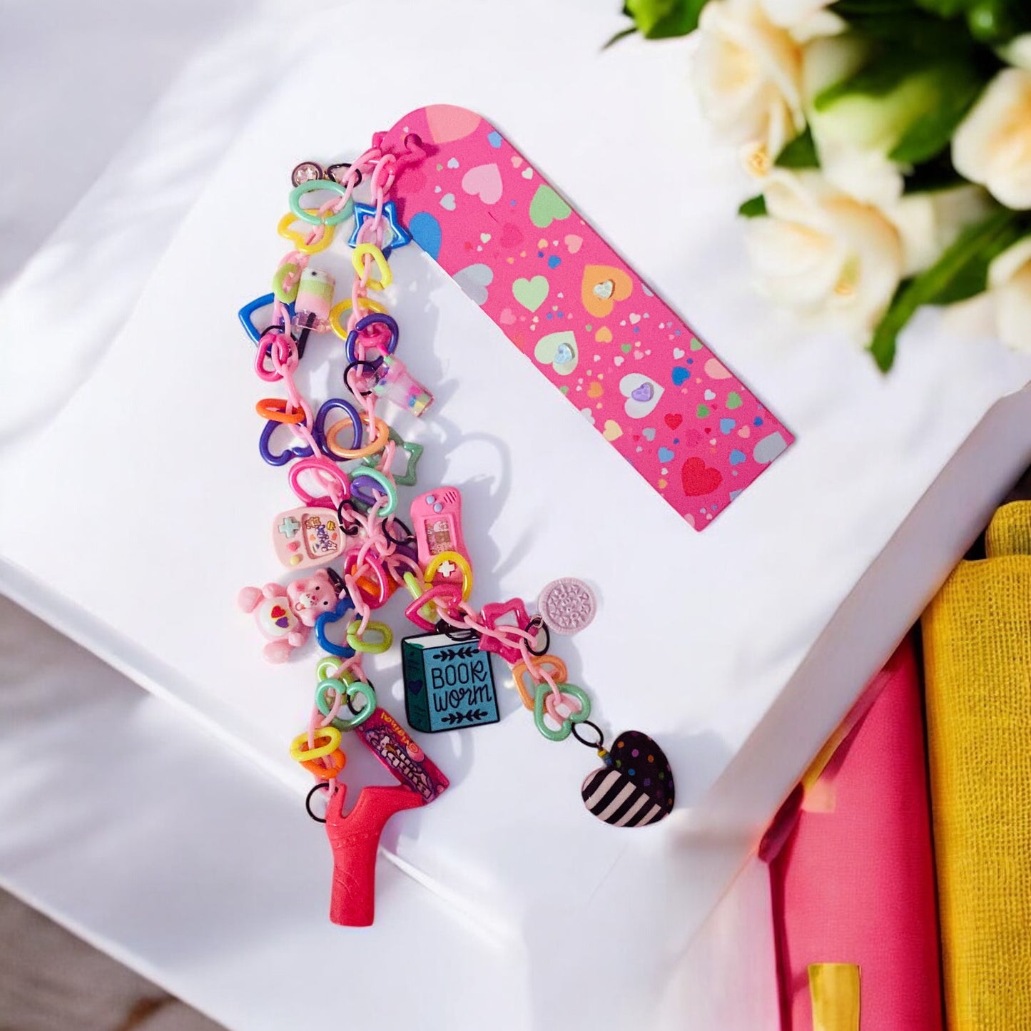 Pink Hearts Junk book floral Bookmark, colourful hearts bookmark, Junk Journal Charm, Book Charm, Journal Dangler, Journal Charm, Book Gifts, Junk Journal, bookclub, bookmark, book lover, romance book, best friends, slow burn