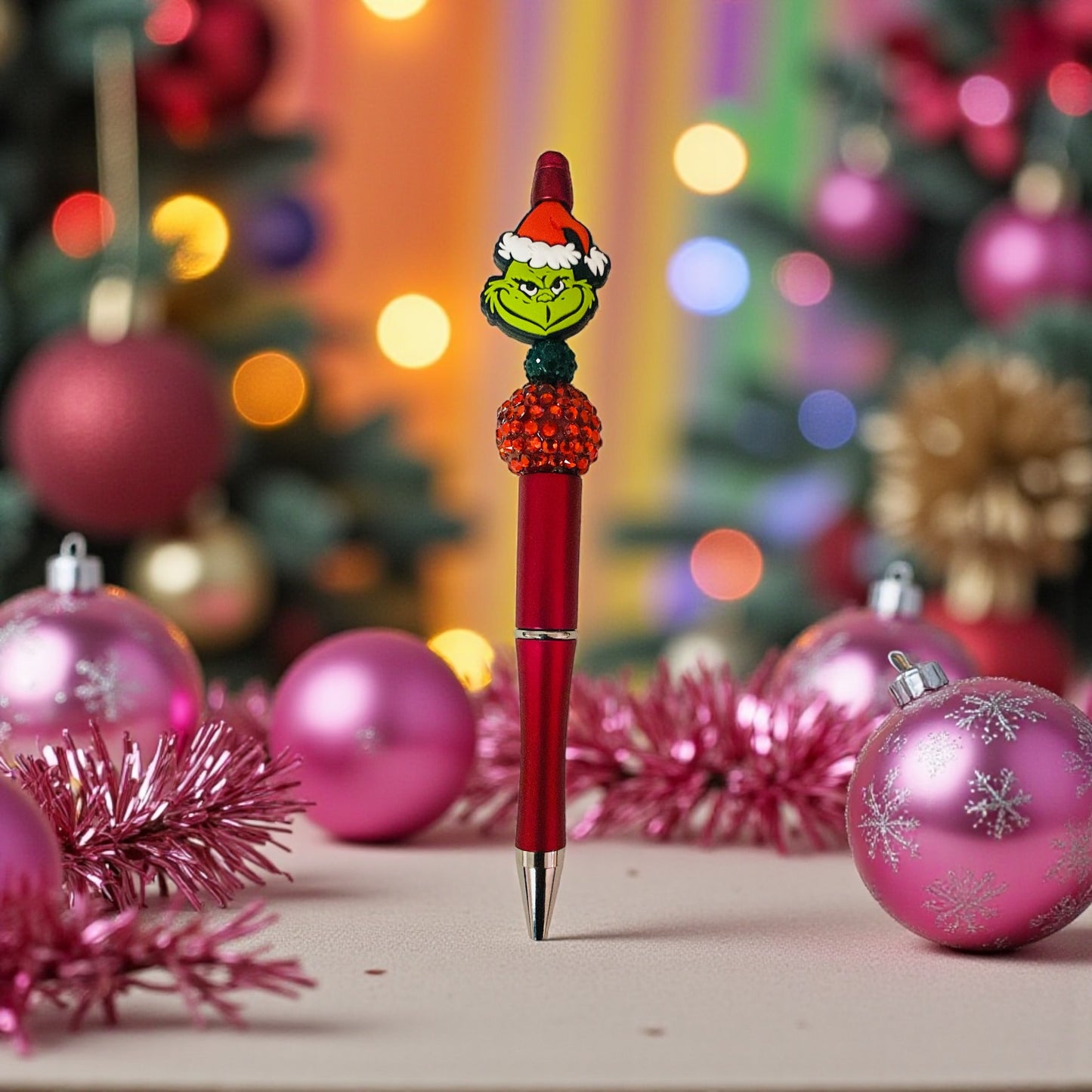 Grinch beaded Pen, Christmas beaded pen, red pen