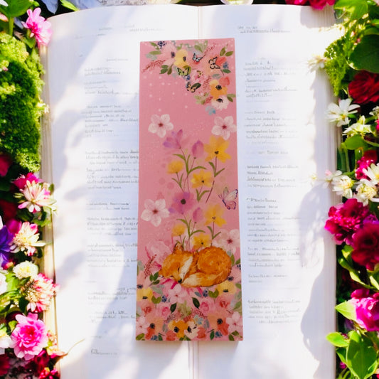 Cute sleeping fox bookmark, floral, flowers, pets