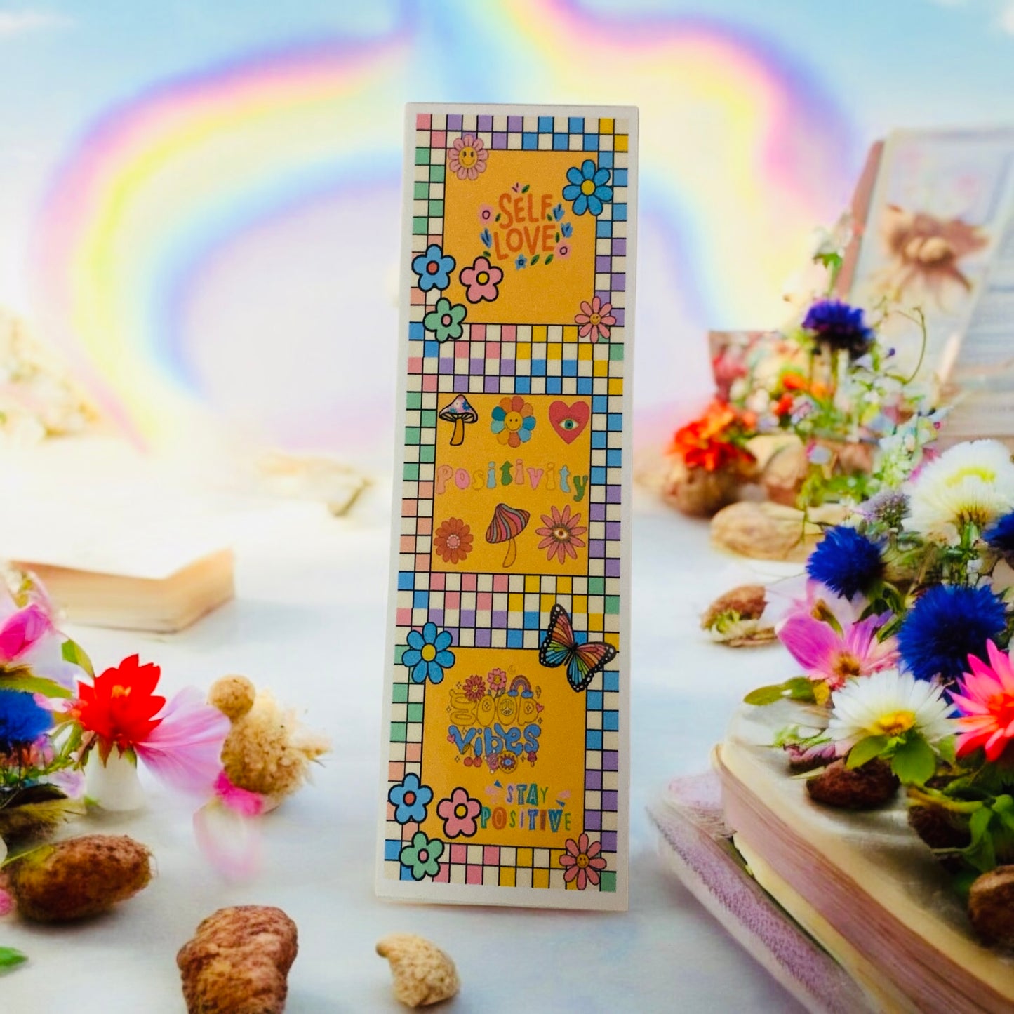 Retro & psychedelic bookmark, peace, mushrooms, 80s era, 99s era, butterflies