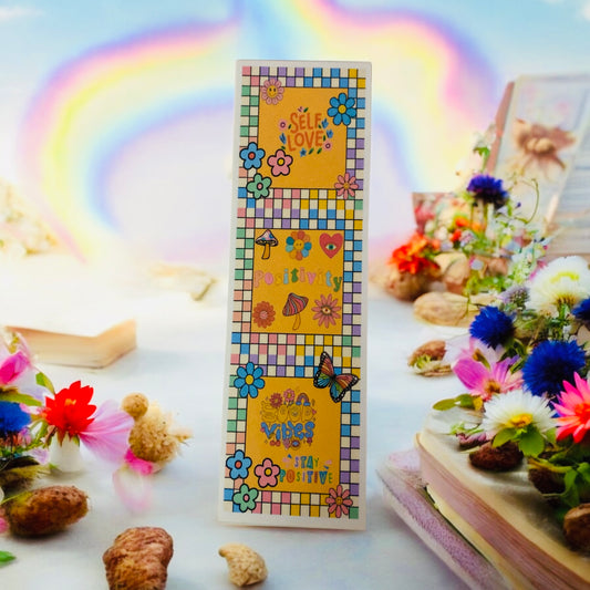 Retro & psychedelic bookmark, peace, mushrooms, 80s era, 99s era, butterflies