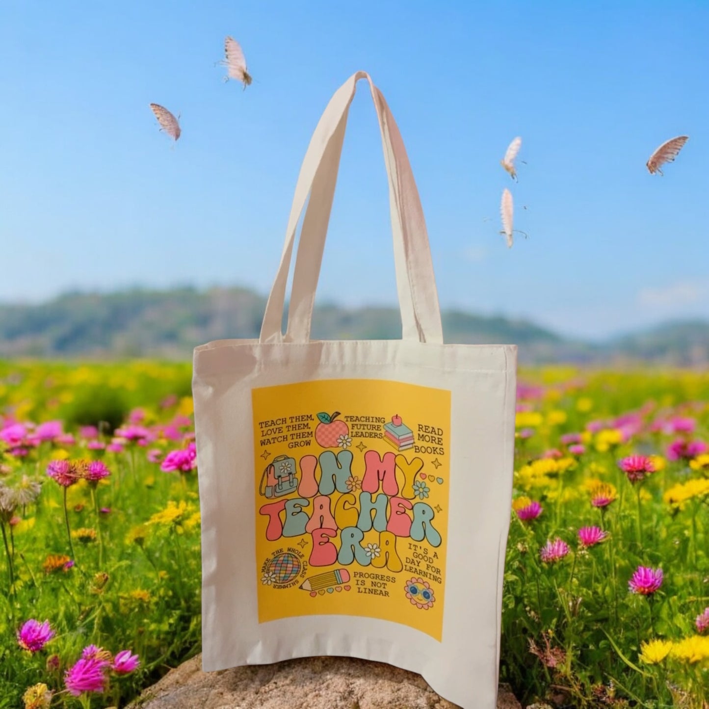 In my teacher era Tote Bag, colourful tote, reusable bag, grocery bag, canvas bag, yellow
