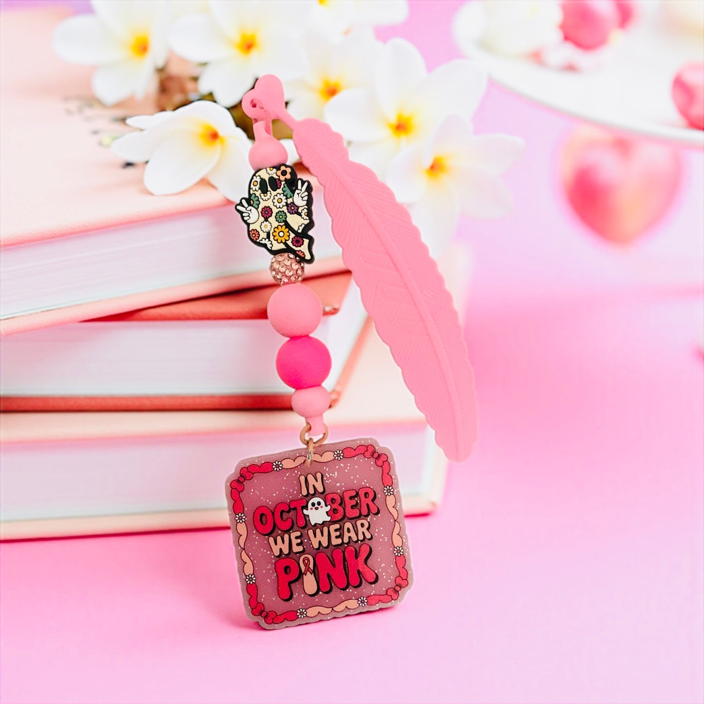 Cute Retro Ghost Charm Bookmark, Beaded, pink Beaded, Book lover, Bookish merch, Floral Ghost, Breast Cancer Awareness, Pink October, Floral ghost, flower bookmark