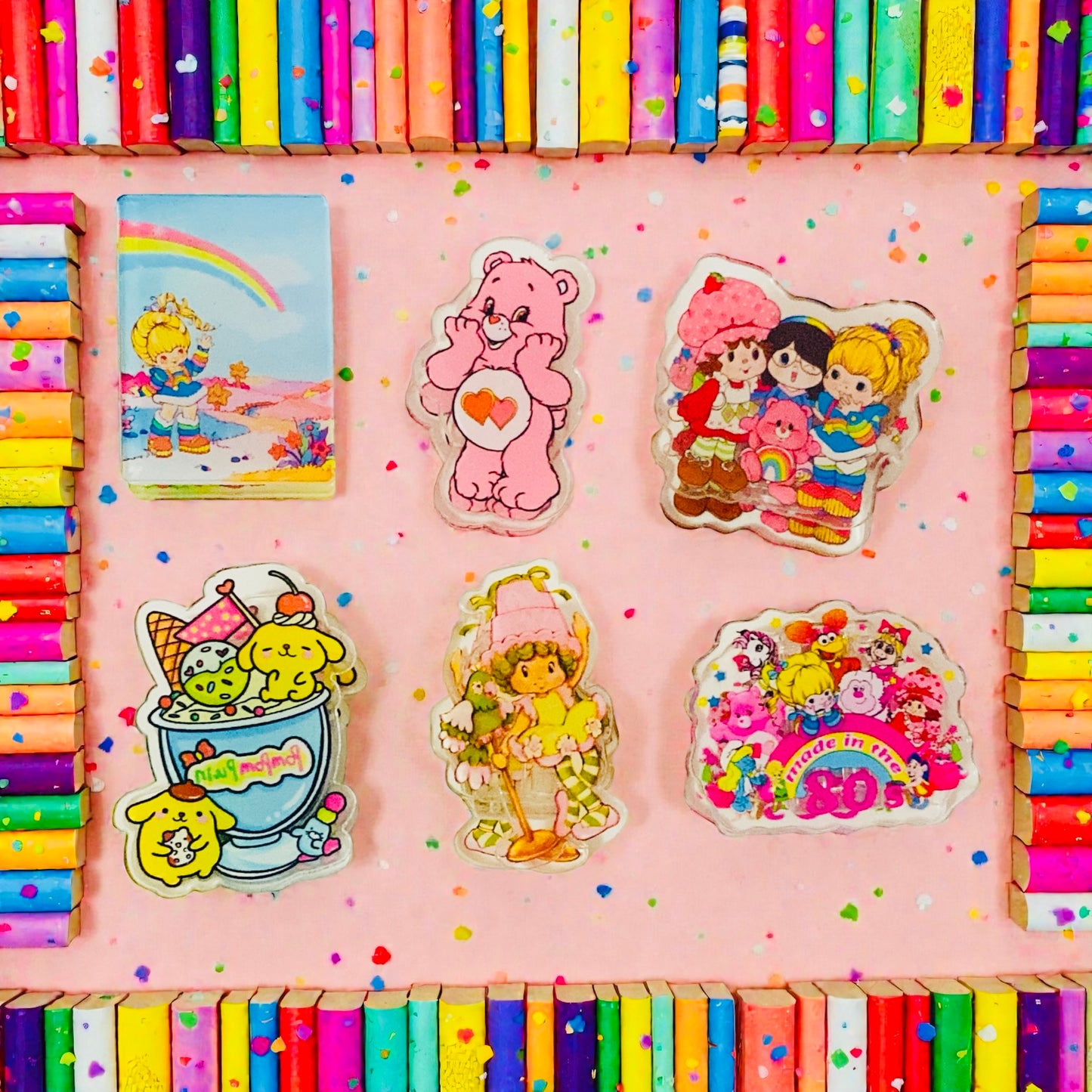 Rainbow Brite, Strawberry Shortcake & Friends Paper Clip Acrylic sets, Reading, junk journaling bookmark, 80s, 90s, vintage era, nostalgia, Made in the 80s