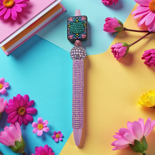 “You are worthy of beautiful wonderful magical things”beaded Pen, self- love pen, affirmation quote pen