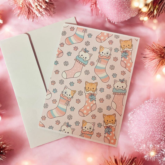 Cute kitten in stocking Christmas card,paw prints, pink card, blank greeting card