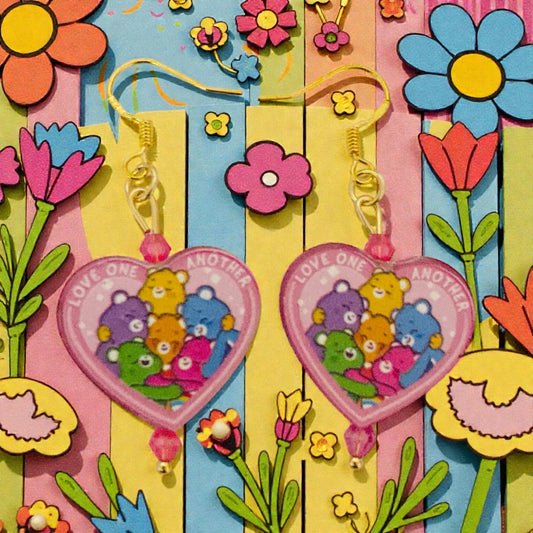 Rainbow Care Bear Earrings, Floral Acrylic Earrings, Bear Earrings, Birthday gift for sister, Valentines earrings , cartoon character dangle