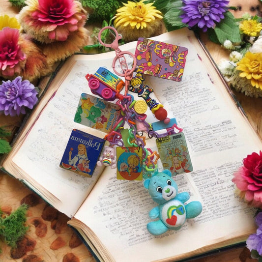 80s, 90s, vintage era inspired keychain, bag charm, Rainbow Bears Beaded charm Bookmark & friends, Reading, junk journaling bookmark, nostalgia, care, bookish merch