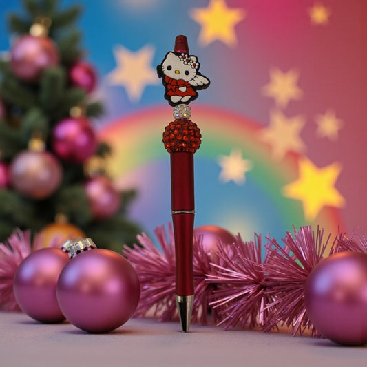 HK beaded Pen, Christmas beaded pen, red pen, Cat Beaded Pen
