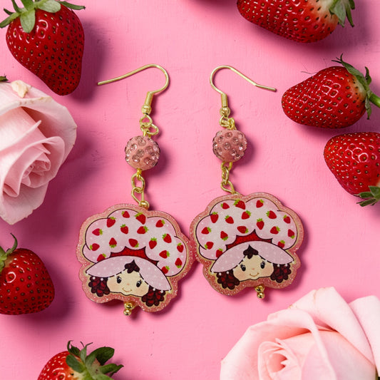 Strawberry girl short cake character earrings, Cartoon, Saturday Morning cartoons,