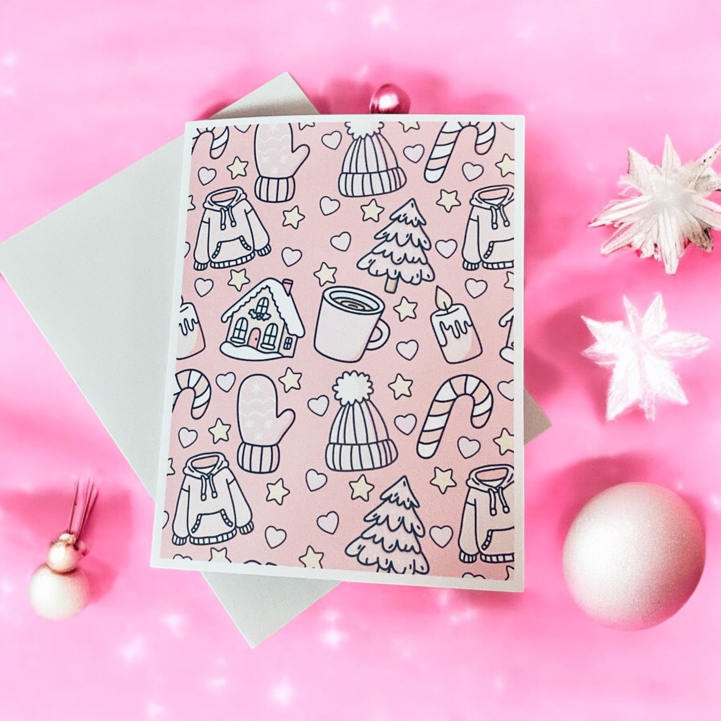 Cute Pink Cozy Winter Christmas Greeting card, candy cane,hot chocolate, hearts, sweater weather, mittens, blank card, pink