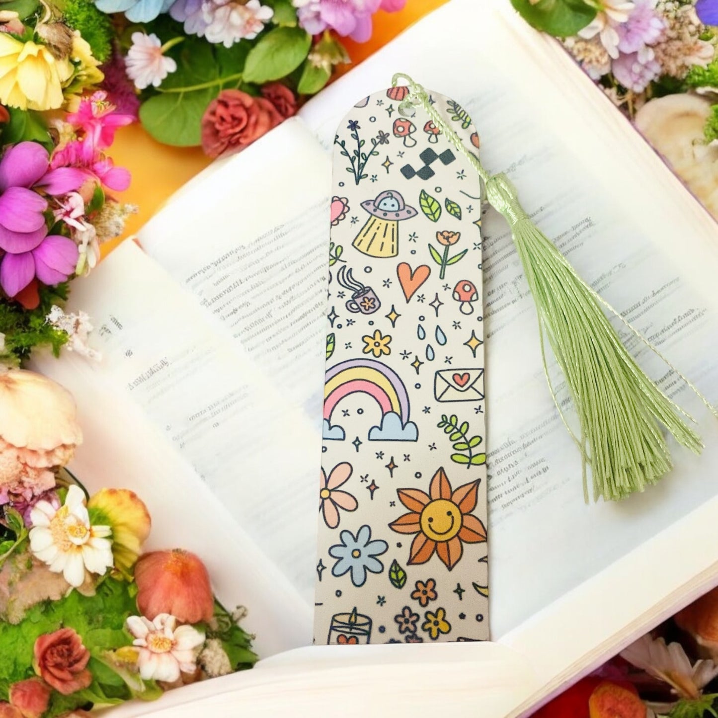 Cute doodle floral rainbow inspired pink bookmark, flowers, romance lovers, Bookish Gift Ideas
