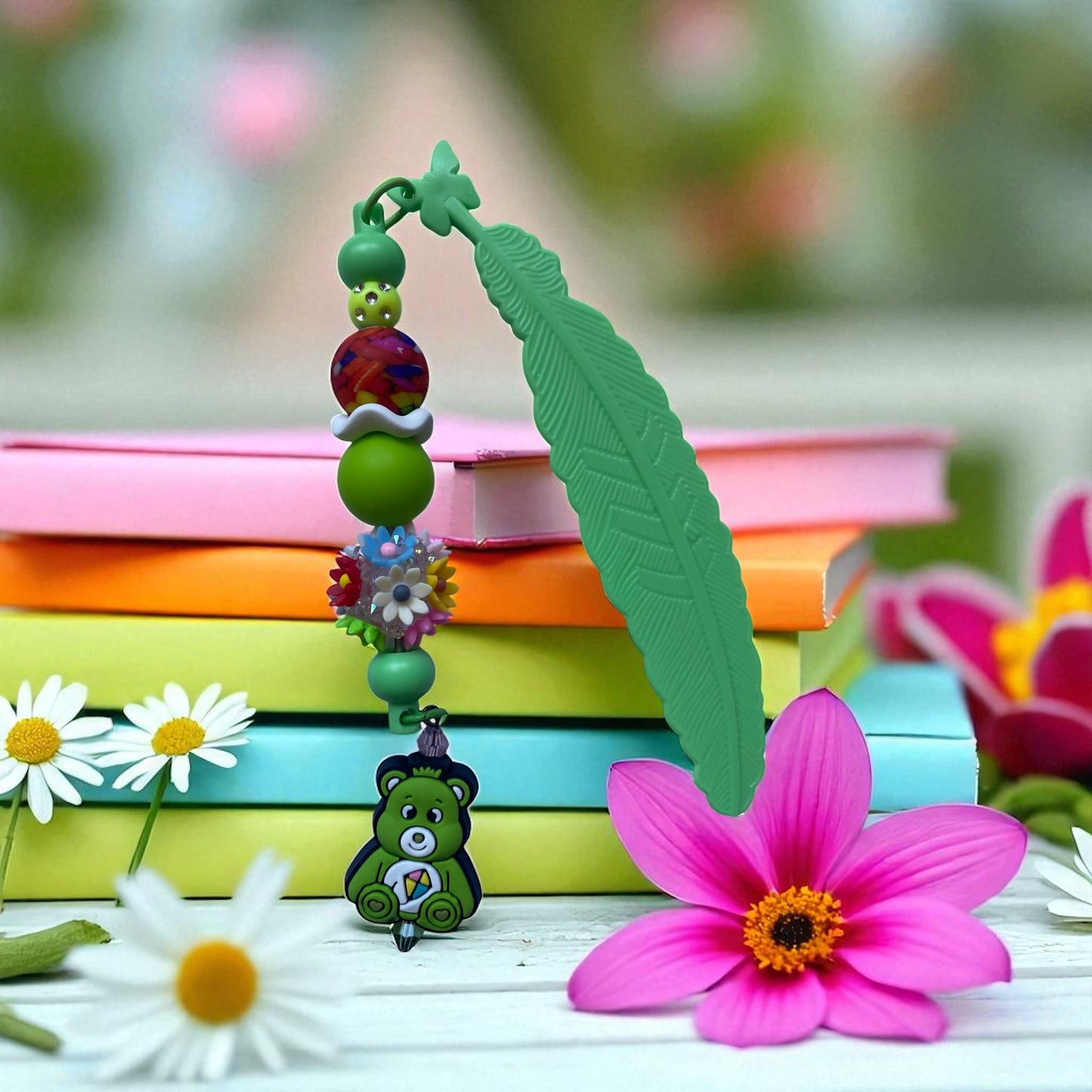 Rainbow bear charm Bookmark, green, bookish merch, book lovers