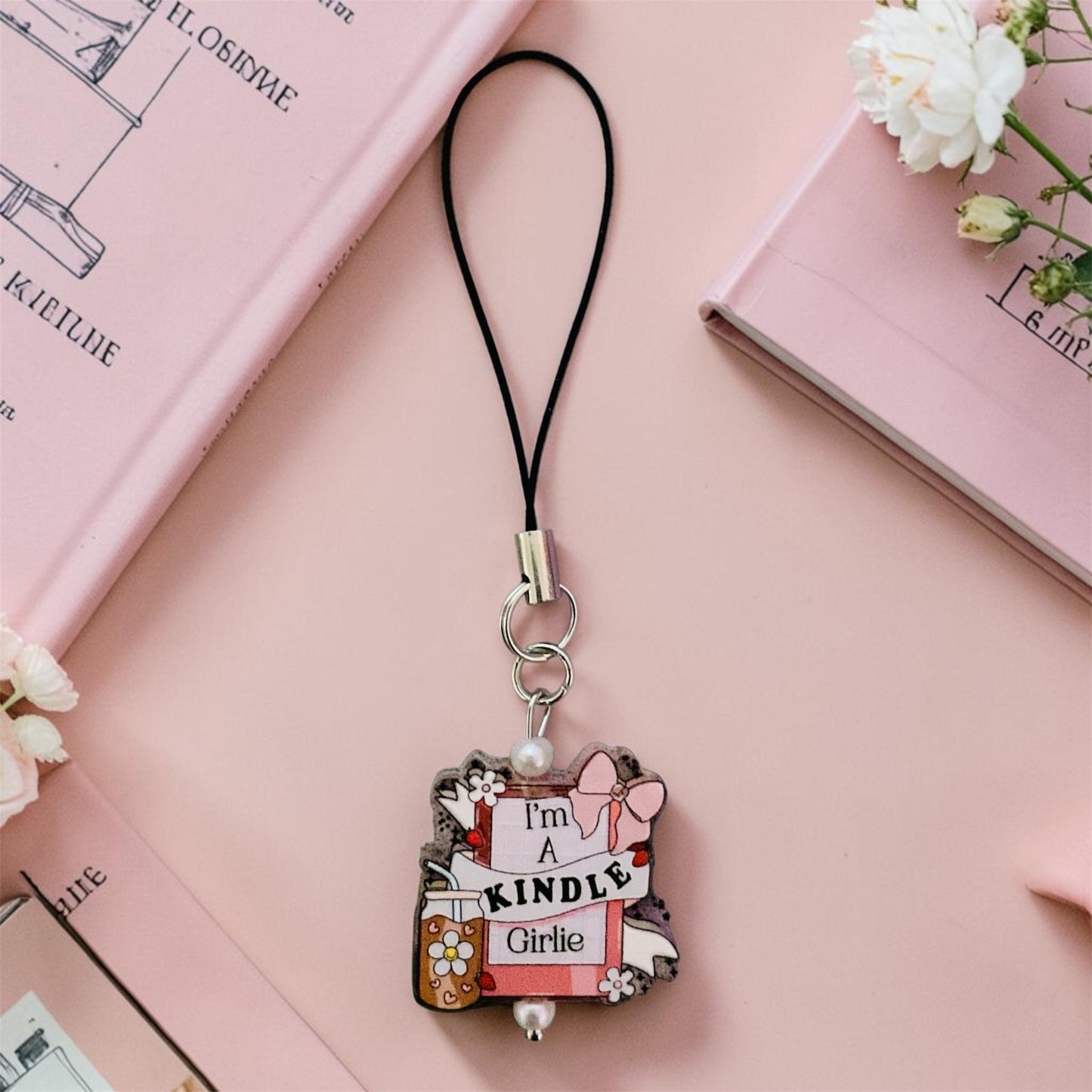 I’m a kindle girlie phone charm, Bookish charm, Bookish Merch, pink floral phone charm