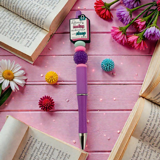 Addicted to reading, no mood for sleep, Bookish beaded Pen, sprinkle, beaded, bookish pen, bookish merch, book lover, purple pen