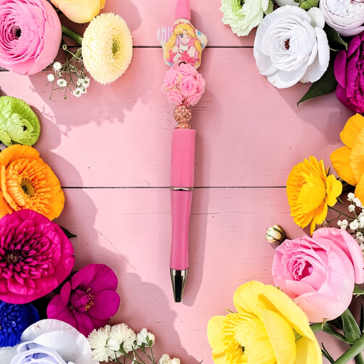 Sailor Moon Beaded Pen , Moon Princess, Usagi, pink beaded pen, floral pen
