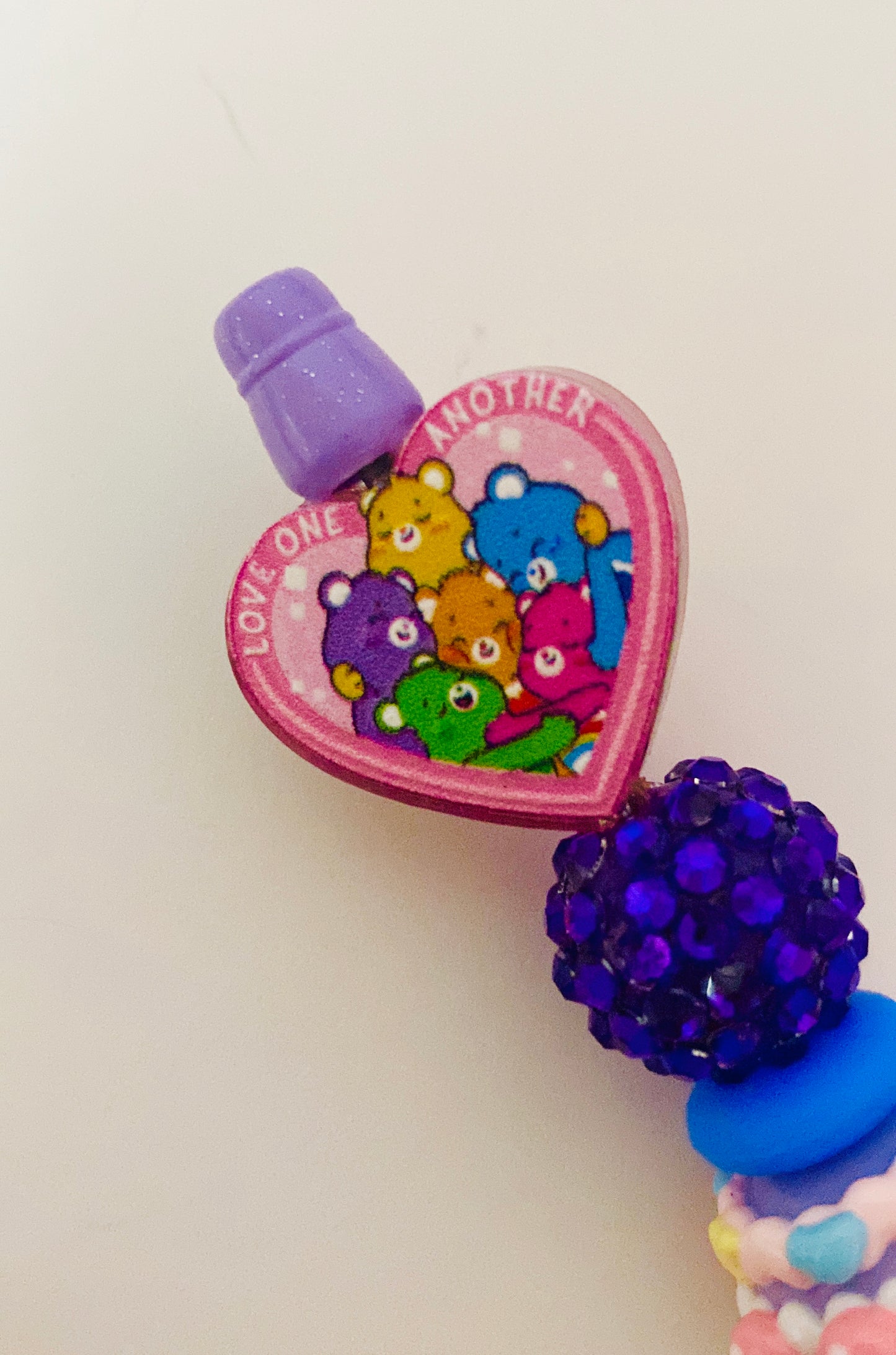 Care Bears Valentines Beaded Pen, bear beaded pen, heart pen, rainbow bear pen, care bear family, purple pen