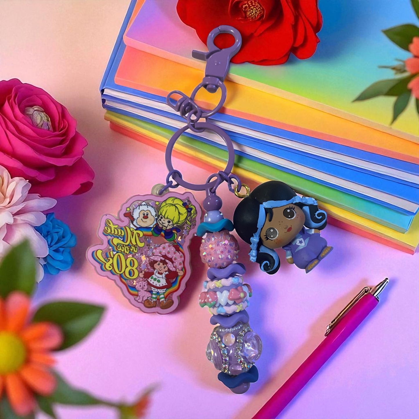 Rainbow Character & friends Beaded charm key chain, bag charm, friends, Reading, junk journaling, keychain, bookmark, 80s, 90s, vintage era, nostalgia, Besties, best friend, purple, doorables