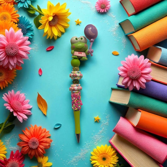 Keroppi, Hello Kitty & FriendsBeaded Pen, Floral, Jewelled, Frog, Green pink