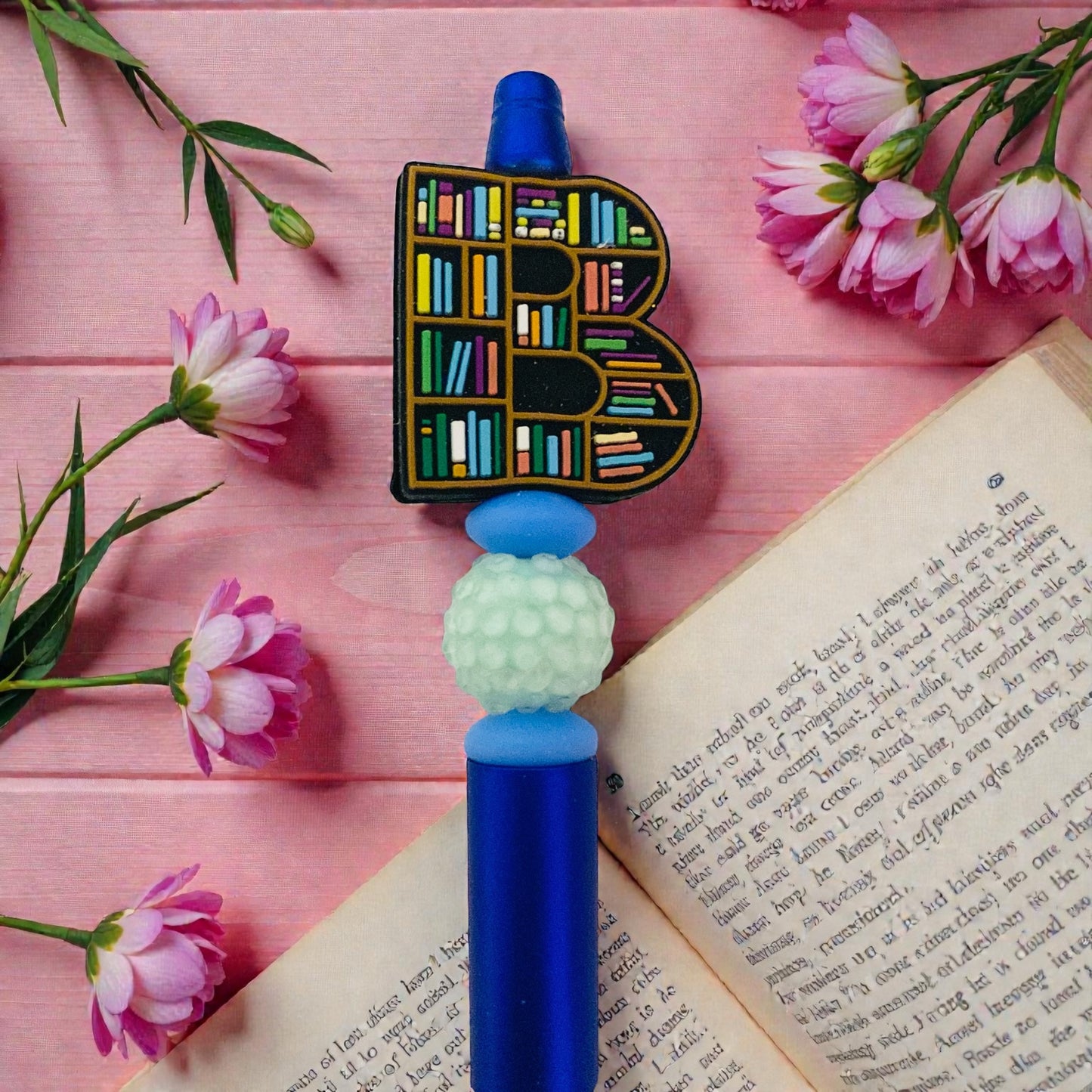 Book shelves beaded Pen, sprinkle, beaded, bookish pen, bookish merch, book lover, blue beaded pen
