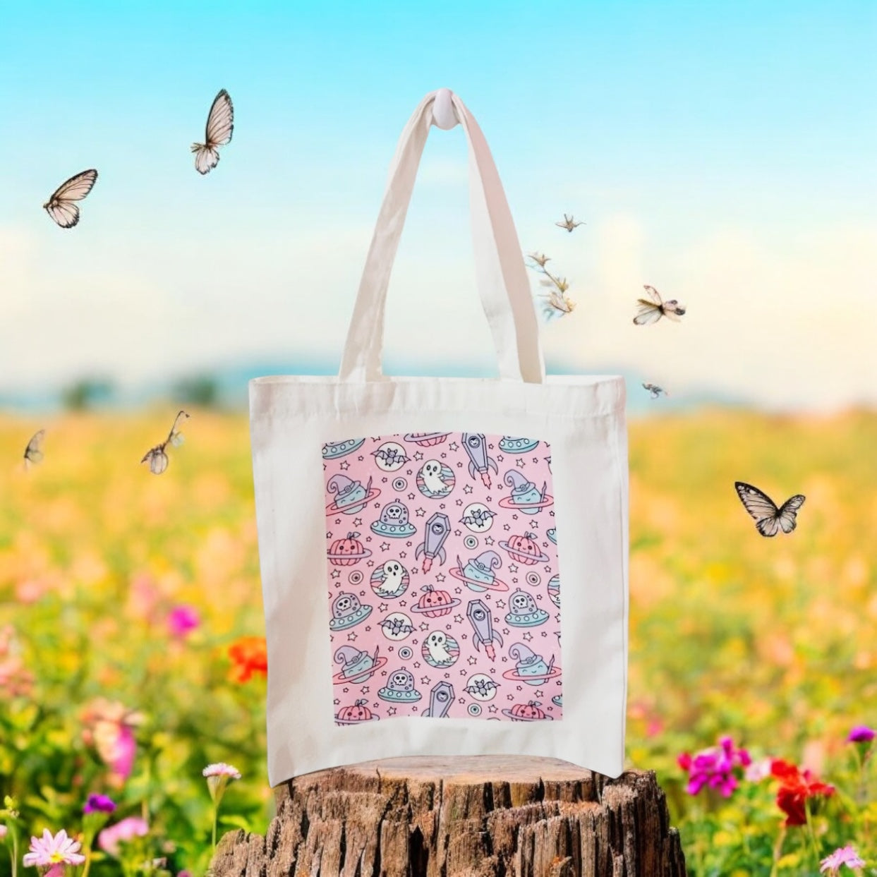 Cute ghost Tote Bag, space ghost, rocket, planets, retro colourful tote, reusable bag, grocery bag, canvas bag, spooky, Halloween, floral tote bag, boo, kawaii tote, witch, pumpkin, jack o lantern, bats