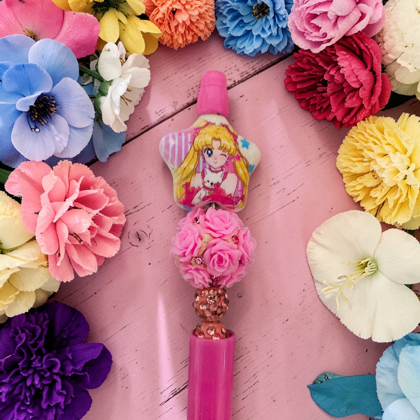 Sailor Moon Beaded Pen , Moon Princess, Usagi, pink beaded pen, floral pen