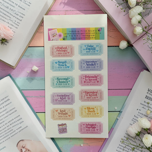 Bookish Sticker Sheet, Book Review Journal stickers, Romance Tropes, Slow burn, enemies to lovers, junk journaling, Romance reader, romance trope