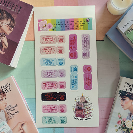 Bookish Sticker Sheet, Book Review Journal stickers, Romance Tropes, Slow burn, enemies to lovers, junk journaling, Romance reader, romance trope (Copy)