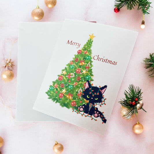 Cute Cat Winter Christmas Greeting card, Christmas lights, Merry Christmas blank card