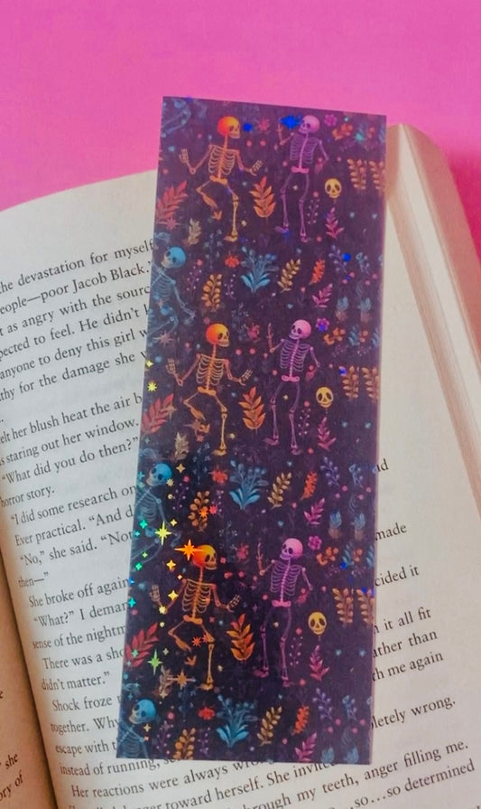 Holographic Dancing skeleton Halloween Bookmark, spooky bookmark