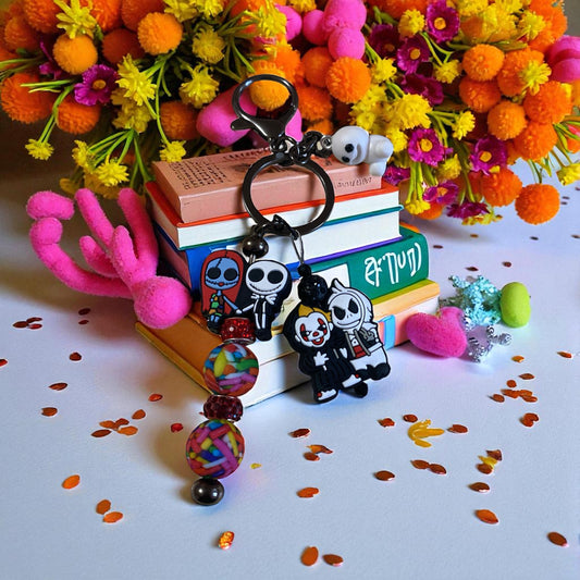 Sally & Jack beaded keychain, creepy couple, Halloween, spooky, key chain, cartoon