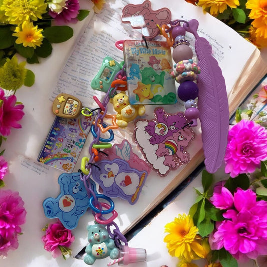 Rainbow Bears Beaded charm Bookmark & friends, Reading, junk journaling bookmark, 80s, 90s, vintage era, nostalgia, care