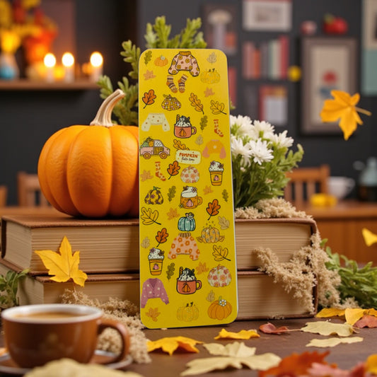 Fall Sweater Weather , leaves, pumpkins, coffee, latte bookmark